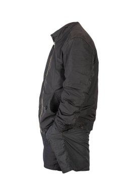 Beyaz arka planda siyah şortlu ve şimşekli siyah bir erkek ceketi. Günlük yaz kıyafetleri.