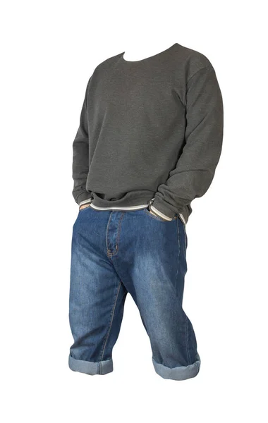 Jeans Dunkelblaue Shorts Und Graues Sweatshirt Auf Weißem Hintergrund Jeans — Stockfoto