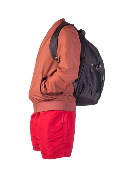 black backpack,red shorts,red summer knitted bomber jacket isolated on white background. casual wear