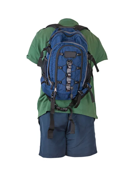 Jeansblauer Rucksack Dunkelblaue Sporthose Dunkelgrünes Hemd Mit Kragen Und Knöpfen — Stockfoto