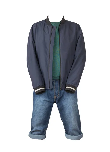 Jeansblaue Shorts Grüner Pullover Und Dunkelblaue Bomberjacke Reißverschluss Auf Weißem — Stockfoto