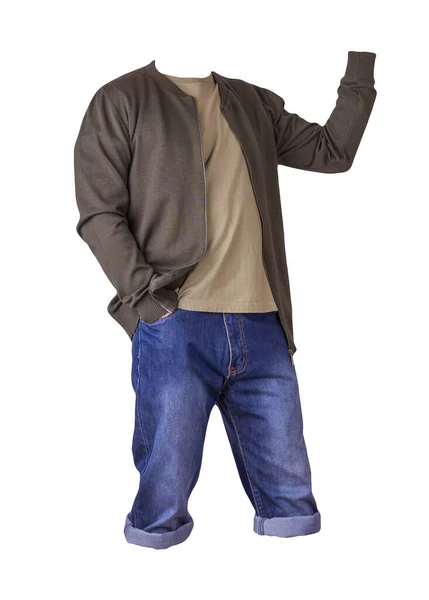 Jeansblaue Shorts Beiges Shirt Und Dunkelgrüne Bomberjacke Mit Reißverschluss Auf — Stockfoto