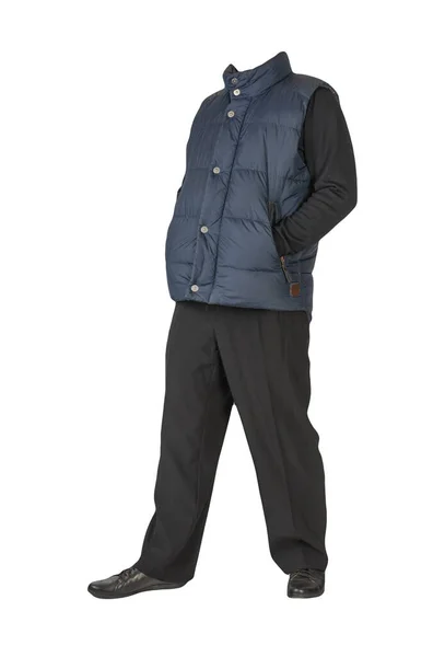 Jaqueta Sem Mangas Azul Escuro Calças Pretas Camisola Preta Sapatos — Fotografia de Stock
