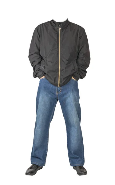 Dunkelblaue Jeans Schwarze Lederschuhe Schwarze Jacke Auf Weißem Hintergrund Lässiger — Stockfoto