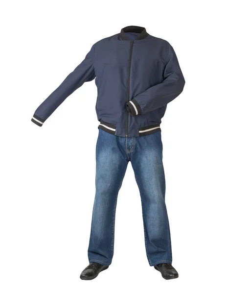 Dunkelblaue Jeans Schwarze Lederschuhe Dunkelblaue Bomberjacke Auf Weißem Hintergrund Lässiger — Stockfoto