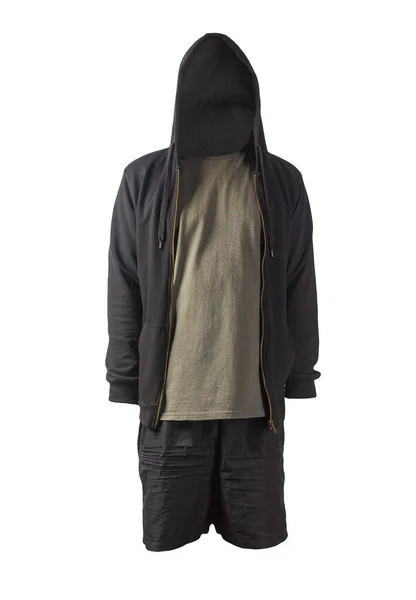 Camisola Preta Com Capuz Zíper Ferro Camiseta Cinza Escura Shorts — Fotografia de Stock