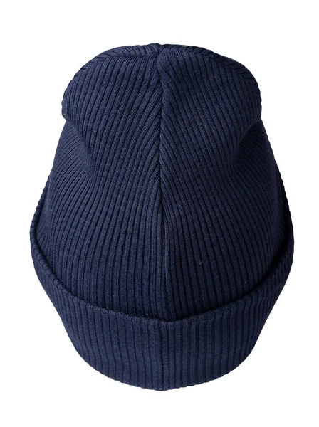 Πλεκτό Σκούρο Μπλε Καπέλο Απομονωμένο Λευκό Φόντο Αξεσουάρ Καπέλου Μόδας — Φωτογραφία Αρχείου