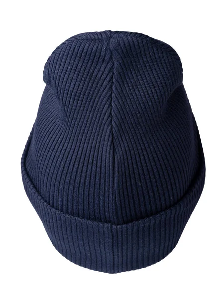 Cappello Blu Scuro Lavorato Maglia Isolato Uno Sfondo Bianco Accessorio — Foto Stock