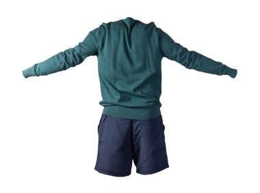 Örülmüş yeşil kazak ve koyu mavi şort beyaz arka planda izole edilmiş. Her gün için şık kıyafetler.