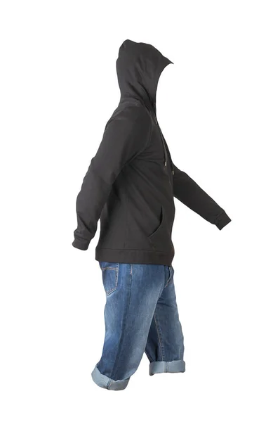Denim Dark Blue Shorts Black Hoodie Isolated White Background Men — Stock Photo, Image