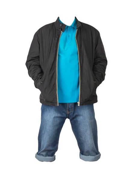 Pantalones Cortos Mezclilla Azul Oscuro Camiseta Azul Con Cuello Botones — Foto de Stock