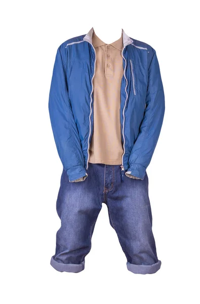 Denim Dark Blue Shorts Beige Shirt Collar Buttons Blue Windbreaker — Stock Photo, Image