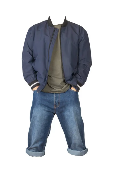 Jeansowe Niebieskie Szorty Koszulka Oliwek Granatowa Kurtka Bombowa Suwaku Odizolowane — Zdjęcie stockowe
