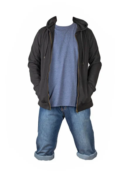 Jeans Dunkelblaue Shorts Marine Shirt Und Schwarzes Sweatshirt Mit Reißverschluss — Stockfoto