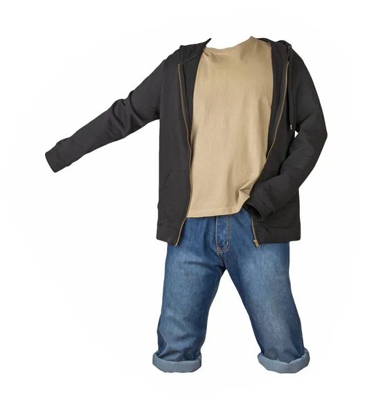 Denim Dark Blue Shorts Beige Shirt Black Sweatshirt Zipper Hood — Stock Photo, Image