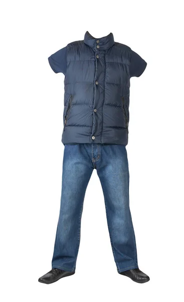 Dunkelblaue Ärmellose Jacke Dunkelblaue Jeans Dunkelblaues Shirt Mit Kragen Auf — Stockfoto