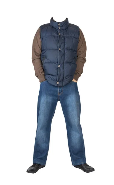 Dunkelblaue Ärmellose Jacke Blaue Jeans Pullover Und Schwarze Lederschuhe Auf — Stockfoto