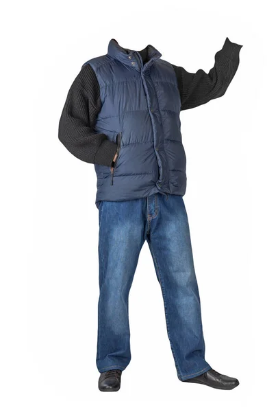 Dunkelblaue Ärmellose Jacke Blaue Jeans Pullover Und Schwarze Lederschuhe Auf — Stockfoto