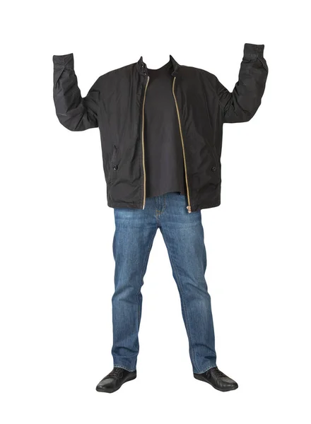 Donkerblauwe Jeans Zwart Shirt Zwarte Jas Zwarte Leren Schoenen Geïsoleerd — Stockfoto