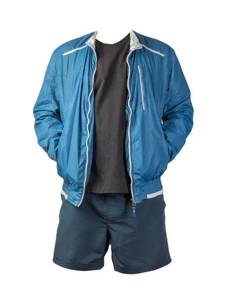 Herren Blau Weiße Windjacke Schwarzes Shirt Und Dunkelblaue Sporthose Auf — Stockfoto