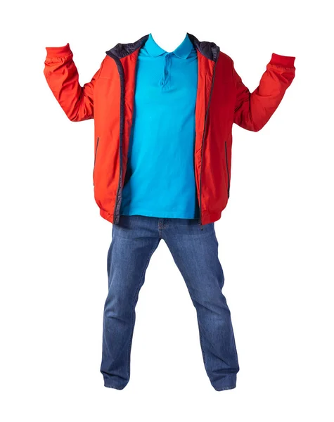 Chaqueta Roja Con Cremallera Camisa Azul Jeans Azules Aislados Sobre — Foto de Stock