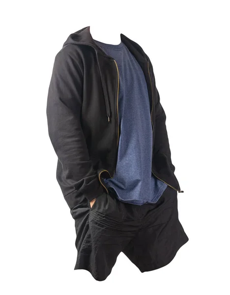 鉄ジッパーパーカー ヴィンテージヘザーネイビーのTシャツと黒のスポーツショートパンツと黒の背景に隔離された黒のスウェットシャツ カジュアルスポーツウェア — ストック写真