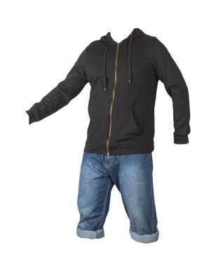 Koyu mavi şort ve siyah kapüşonlu beyaz arka planda izole. Erkek pantolonu.