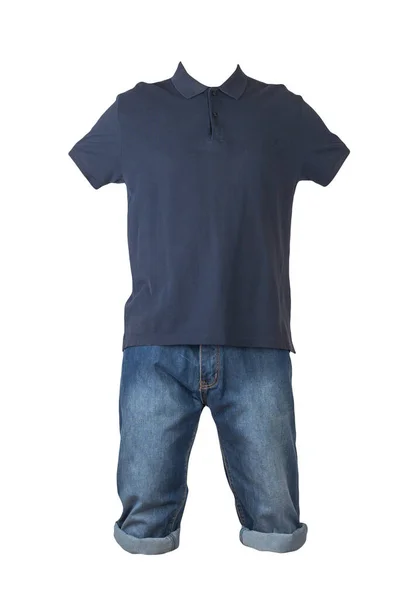 Denim Donkerblauwe Short Donkerblauw Shirt Met Een Kraag Knopen Geïsoleerd — Stockfoto