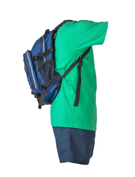 Deinim Blauer Rucksack Dunkelblaue Sporthose Retro Heidekrautgrünes Shirt Auf Weißem — Stockfoto