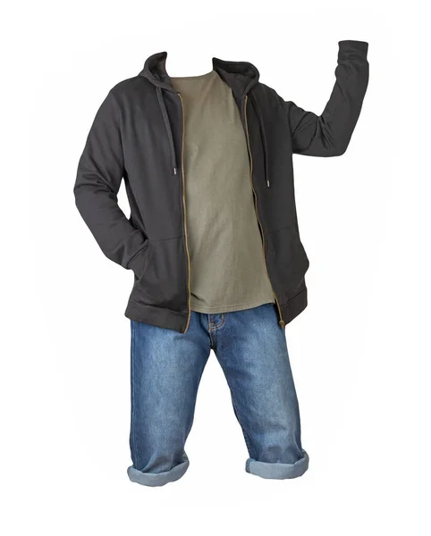 Denim Dark Blue Shorts Gray Shirt Black Sweatshirt Zipper Hood — Stock Photo, Image