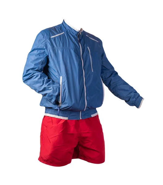 Mens Azul Jaqueta Branca Calções Esportivos Vermelhos Isolados Fundo Branco — Fotografia de Stock
