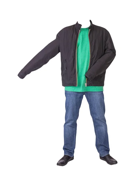 Jeans Blu Scuro Shirt Verde Giacca Nera Scarpe Pelle Nera — Foto Stock