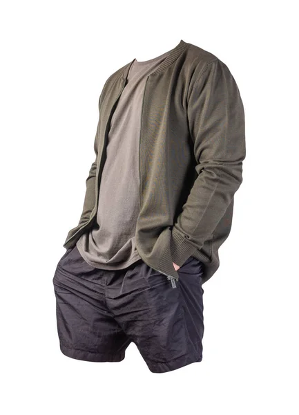 Bomber Uomo Maglia Verde Scuro Shirt Grigio Scuro Pantaloncini Sportivi — Foto Stock