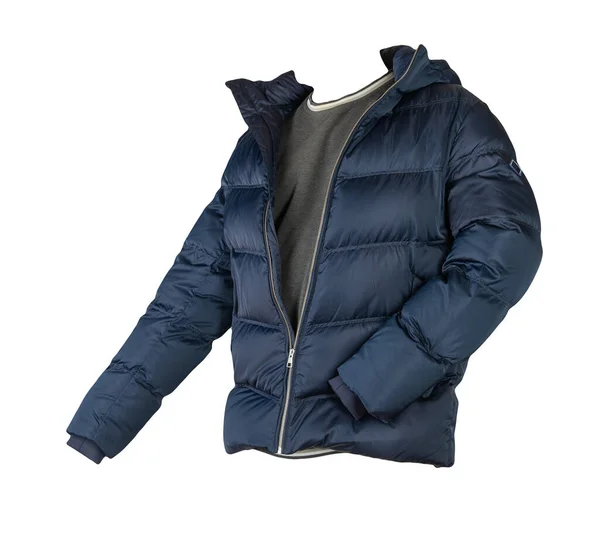フードとグレーのセーターが白い背景に隔離されたダークブルーのダウンジャケット — ストック写真