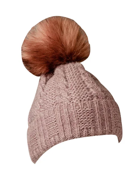 白い背景に隔離されたニットピンクの帽子ポンポン付きの帽子 — ストック写真