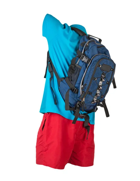 Denim Blauwe Rugzak Rode Sportbroek Blauw Shirt Met Een Kraag — Stockfoto