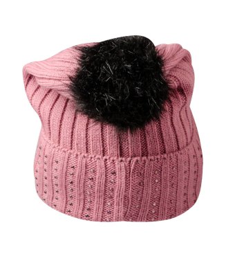   Beyaz arka planda izole edilmiş pembe şapka. Pomponlu şapka. .
