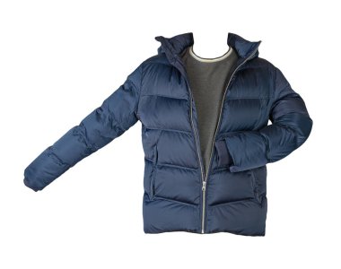 Koyu mavi kapüşonlu ve gri süveterli ceket beyaz arka planda izole