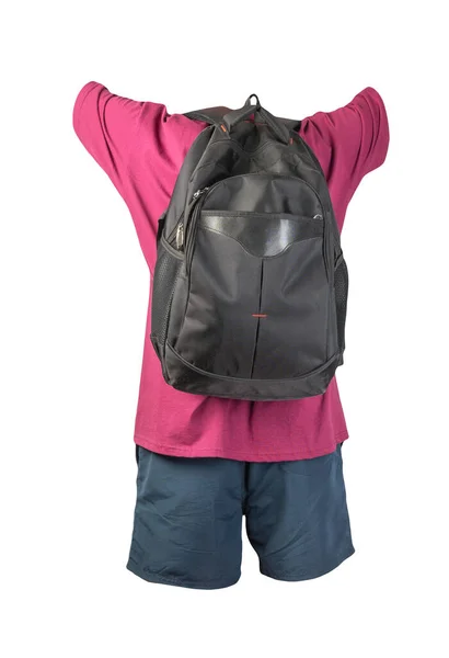 Schwarzer Rucksack Dunkelblaue Sporthose Weinrotes Shirt Kleidung Für Jeden Tag — Stockfoto