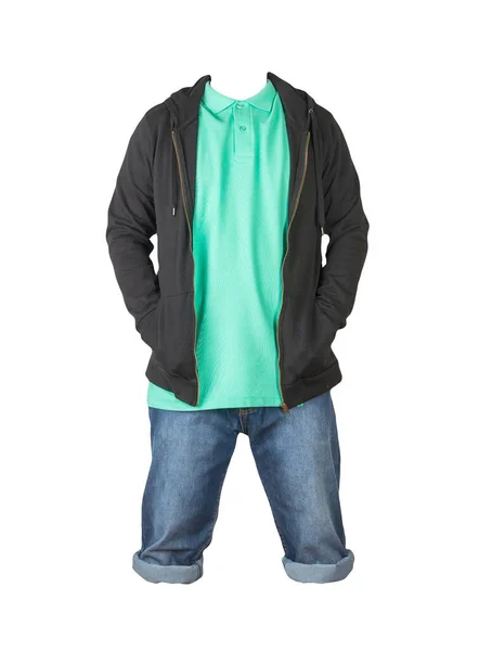 Denim Ciemnoniebieskie Szorty Zielony Shirt Kołnierzem Guziki Czarna Bluza Zamkiem — Zdjęcie stockowe