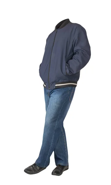 Dunkelblaue Jeans Schwarze Lederschuhe Dunkelblaue Bomberjacke Auf Weißem Hintergrund Lässiger — Stockfoto