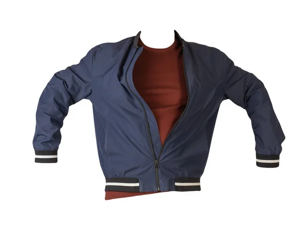 Dark Blue Bomber Jacket Dark Red Sweater Isolated White Background — Stock Photo, Image