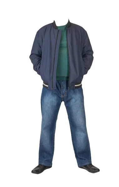Mörkblå Jeans Grön Tröja Mörkblå Bombare Jacka Med Huva Och — Stockfoto