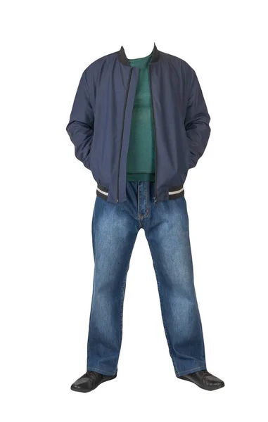 Dark Blue Jeans Green Sweater Dark Blue Bomber Jacket Hood — Stock Photo, Image