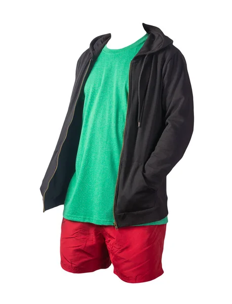 Czarna Bluza Żelaznym Zamkiem Błyskawicznym Retro Heather Green Shirt Czerwone — Zdjęcie stockowe