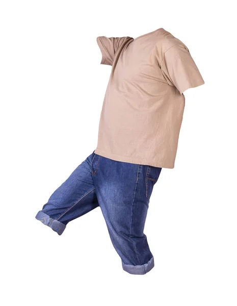 Denim Dark Blue Shorts Beige Shirt Isolated White Background Men — Stock Photo, Image