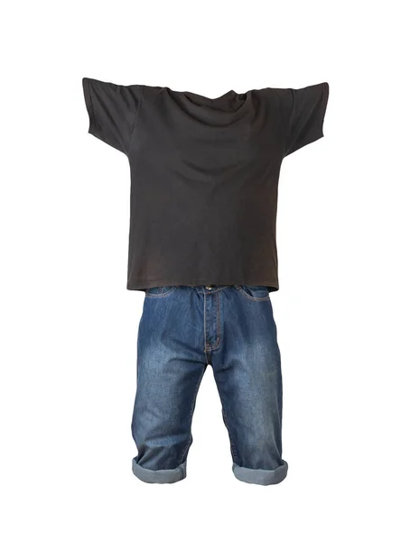 Denim Mörkblå Shorts Och Svart Shirt Isolerad Vit Bakgrund Herrjeans — Stockfoto