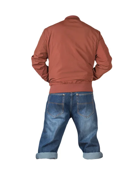 Pantaloncini Blu Scuro Denim Giacca Bomber Rossa Con Cerniera Isolata — Foto Stock