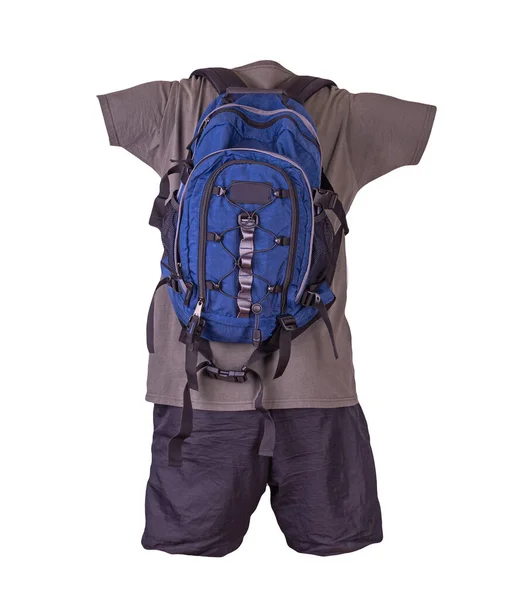 Jeansblauer Rucksack Schwarze Sporthose Dunkelgraues Shirt Kleidung Für Jeden Tag — Stockfoto