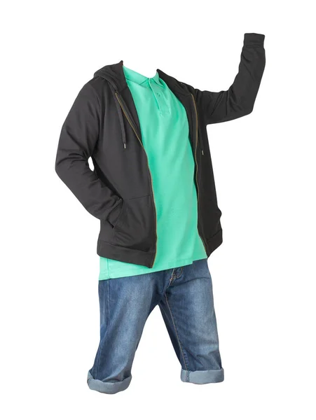 Jeans Dunkelblaue Shorts Grünes Shirt Mit Kragen Auf Knöpfen Und — Stockfoto